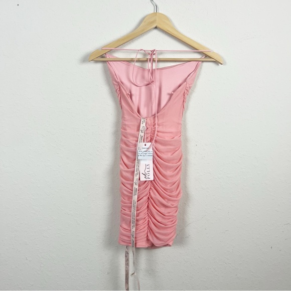 Oh Polly Next Up Ruched Mesh Peach Mini Dress Size 4 - Picture 5 of 6